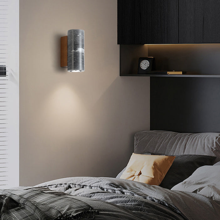 Modern Minimalist Round Stone Wood Cylinder Square 1-Light Wall Sconce Lamp For Bedroom