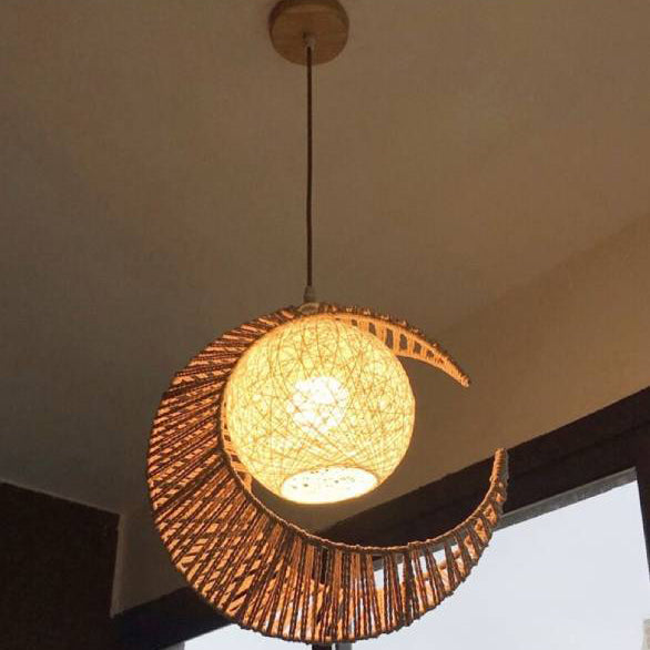 Contemporary Creative Crescent Moon Hemp Rope Weaving Shade 1-Light Pendant Light For Living Room