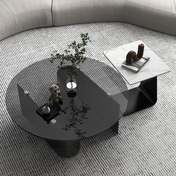 Moderner minimalistischer runder quadratischer Couchtisch aus Glas, Steinplatte und Karbonstahl mit 1 Ebene für das Wohnzimmer 