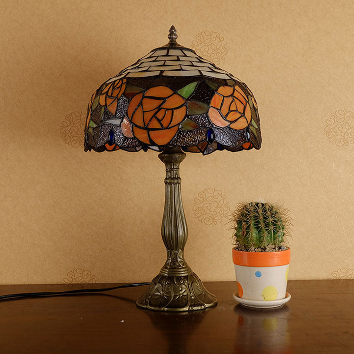 Traditionelle Tiffany Vintage Rose Buntglas 1-Licht Tischlampe fürs Arbeitszimmer 