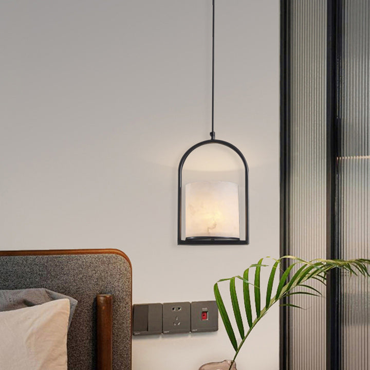 Colonne de Cage à Oiseaux Minimaliste Moderne en Cuivre et Marbre avec Suspension à 1 Lumière pour Salle d&