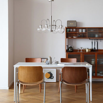 Moderner Mid-Century Glaskugelschirm Eisen 4/5/6-flammiger Kronleuchter für Wohnzimmer 