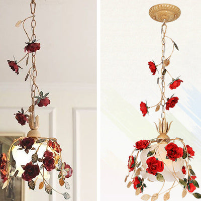 Zeitgenössische Retro Eisen Glas Rose 1-Licht Pendelleuchte für Schlafzimmer 