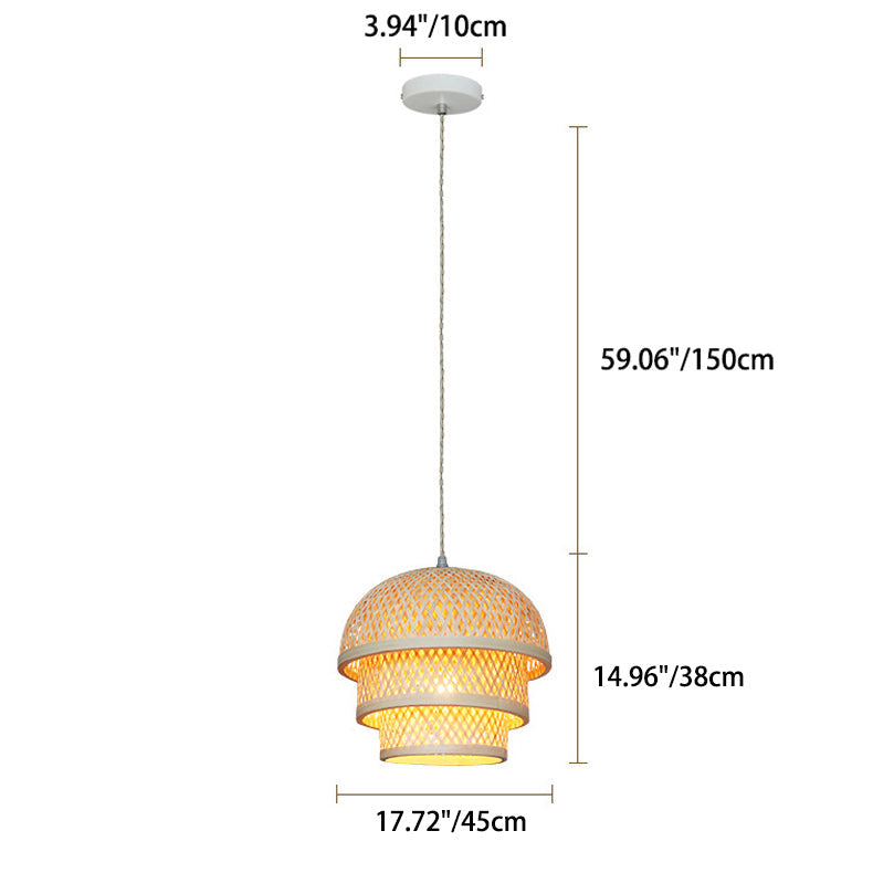 Traditional Chinese Round Bamboo Woven Cylinder 1-Light Pendant Light For Dining Room