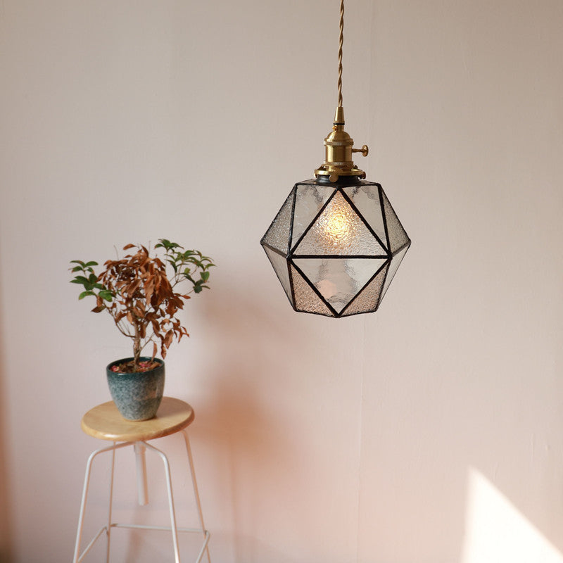Traditionelle Vintage polygonale Messing Buntglas 1-Licht Pendelleuchte für Wohnzimmer 