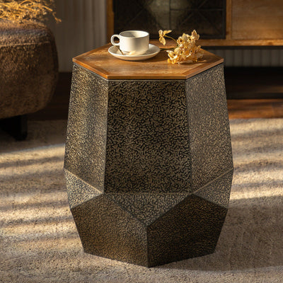 Mesa de café geométrica de hierro y madera de pino con diseño retro contemporáneo de 1 estante para sala de estar 