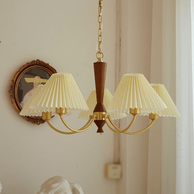 Traditional Vintage Pleated Fabric Shade Wood Brass Frame 3/5-Light Chandelier For Living Room