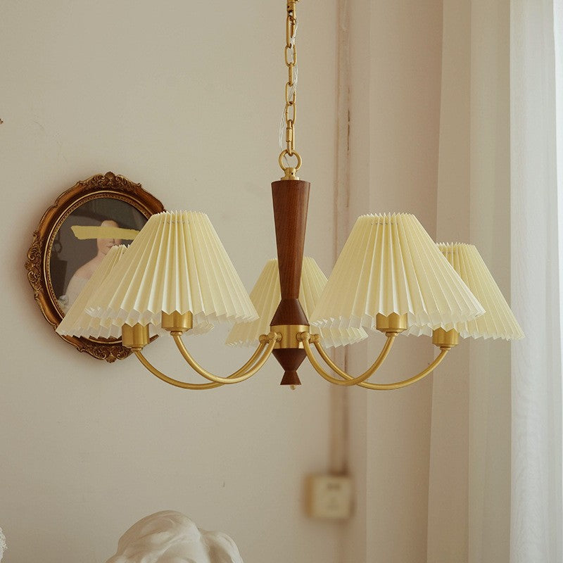 Traditional Vintage Pleated Fabric Shade Wood Brass Frame 3/5-Light Chandelier For Living Room