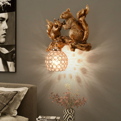Contemporary Creative Squirrel Resin Crystal 1-Light Wall Sconce Lamp For Bedroom
