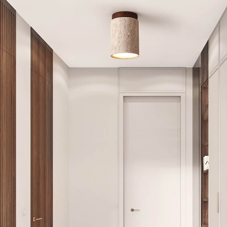 Traditional Rustic Travertine Column 1-Light Semi-Flush Mount Ceiling Light For Hallway