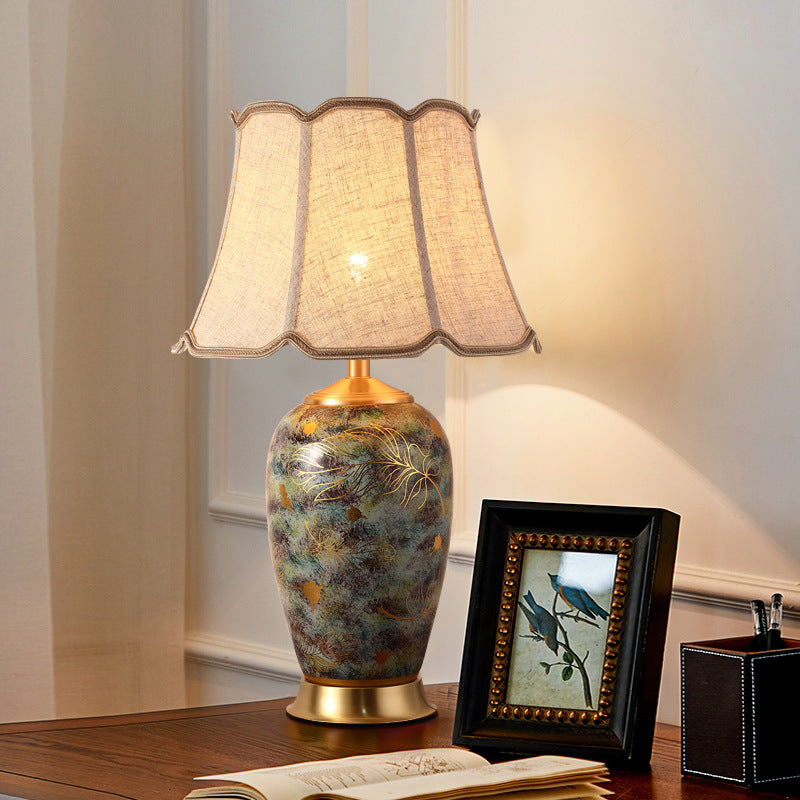 Lampe de Table Moderne en Céramique avec Abat-Jour Plissé Octogonal en Tissu de Luxe pour Chambre à Coucher, 1 Lumière 