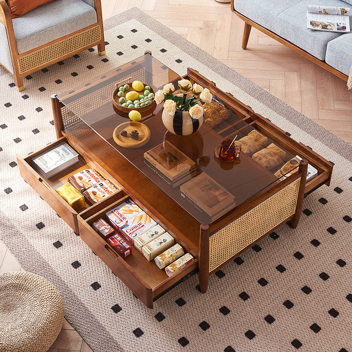 Traditioneller japanischer Weben Rechteckiger Couchtisch aus Eschenholz mit Glas und 4 Schubladen für das Wohnzimmer 