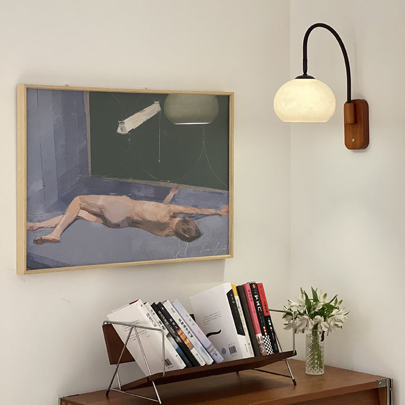 Applique murale contemporaine créative demi-ronde en bois et verre avec 1 lumière pour chambre à coucher 