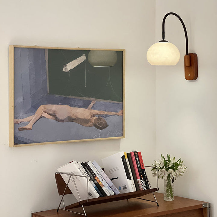 Applique murale contemporaine créative demi-ronde en bois et verre avec 1 lumière pour chambre à coucher 