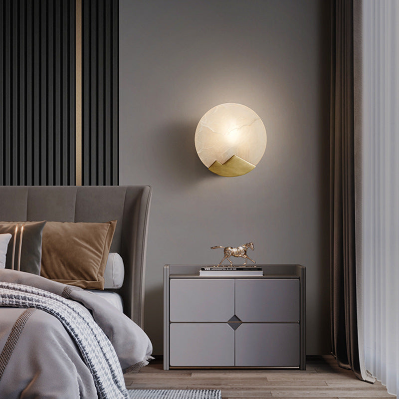 Moderne Luxus Runde Voll Kupfer Marmor 1-Licht Wandleuchte Lampe Für Wohnzimmer 