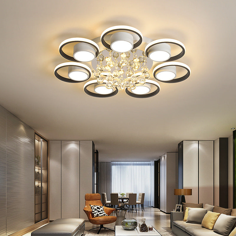 Luminaire de plafond LED moderne en fer avec abat-jour en acrylique en forme de cercle et cristal pour salon 