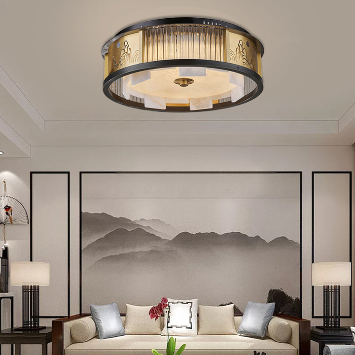 Traditional Chinese Marble Stainless Steel Copper Glass Rods Marble Round LED Flush Mount Ceiling Light For Living Room