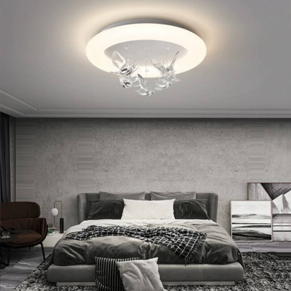 Zeitgenössische nordische runde Vogel Eisen Acryl LED Deckenleuchte für Schlafzimmer 