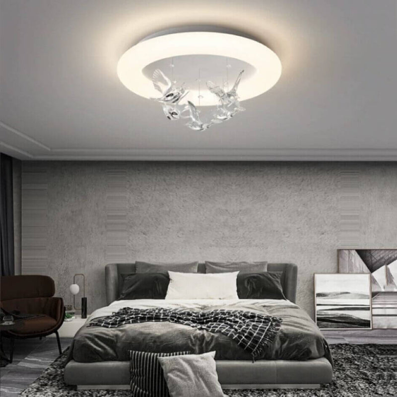 Zeitgenössische nordische runde Vogel Eisen Acryl LED Deckenleuchte für Schlafzimmer 