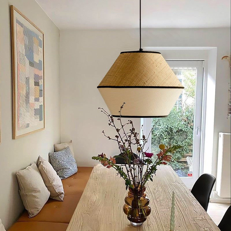Suspension lumineuse à 1 lumière en tissu de fer trapézoïdal conique cylindrique japonais traditionnel pour salle à manger 