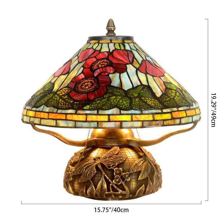 Tiffany Vintage Blumen Buntglas Kupferbasis 2-Licht Tischlampe 
