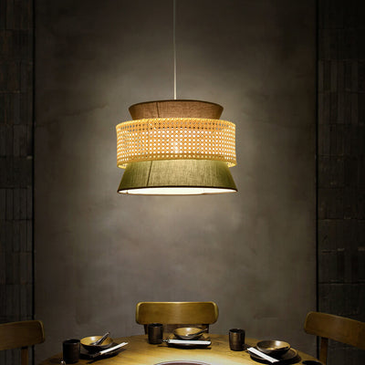 Traditional Japanese Rattan Weaving Fabric Round Shade 1-Light Pendant Light For Dining Room