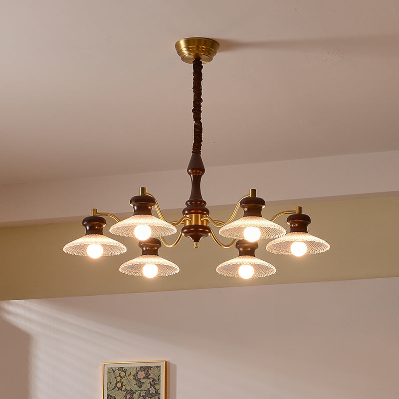 Lustres ronds en laiton vintage traditionnel, fer, bois de frêne, verre, à 3/6/8 lumières pour salle à manger 