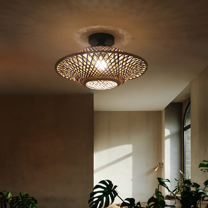 Chinesische Zen-Bambusweberei Fliegende Untertassenform 1-Licht Semi-Flush Mount Deckenleuchte 