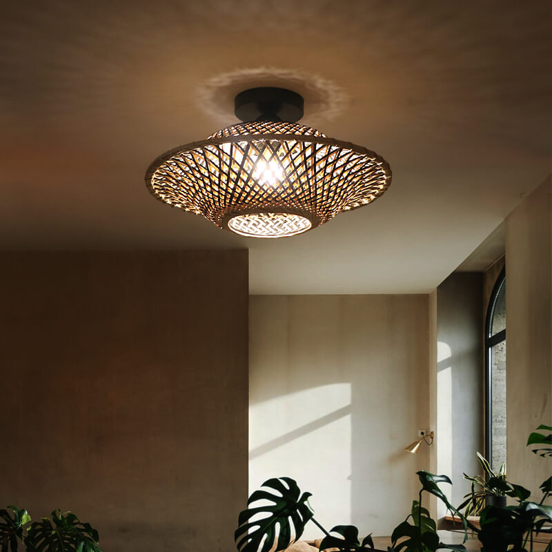 Plafonnier semi-encastré en forme de soucoupe volante à 1 lumière en tissage de bambou Zen chinois 