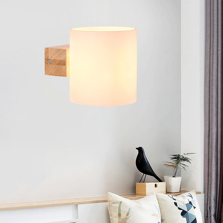 Modern Warm Cylindrical Rubber Wood Glass 1/2 Light Wall Sconce Lamp