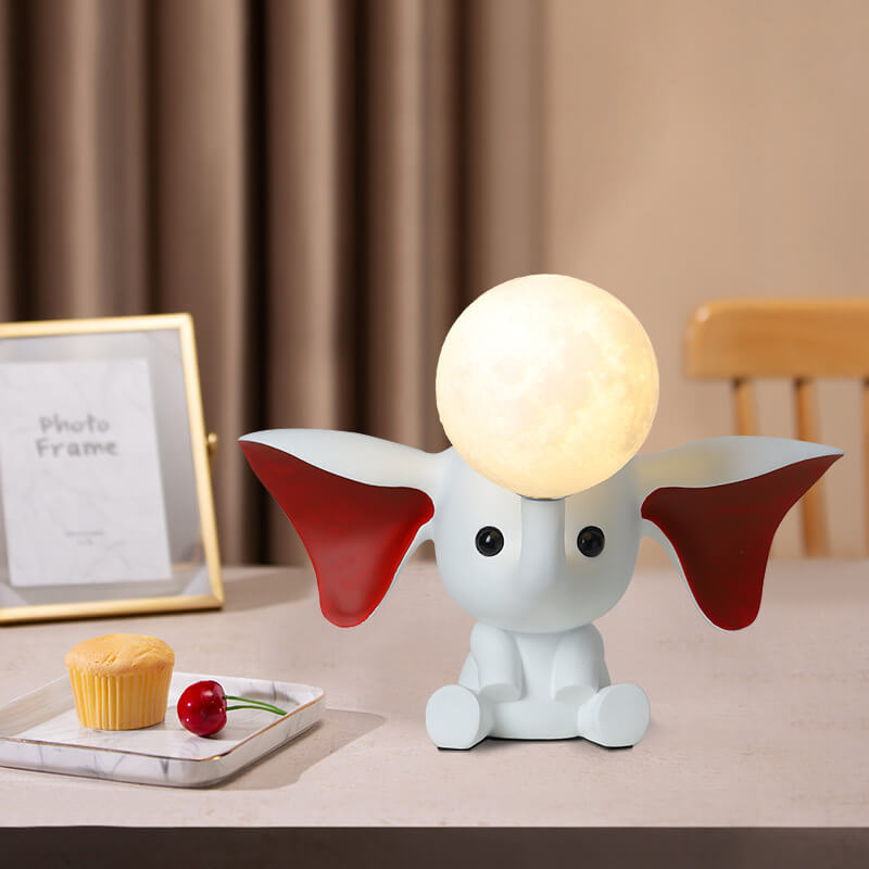 Lámpara de Mesa de 1 Luz de Resina con Elefante Creativo de Dibujos Animados y Luna 