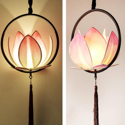 Chinese Zen Lotus Fabric Shade Iron Circle Ring Tassel 1-Light Pendant Light