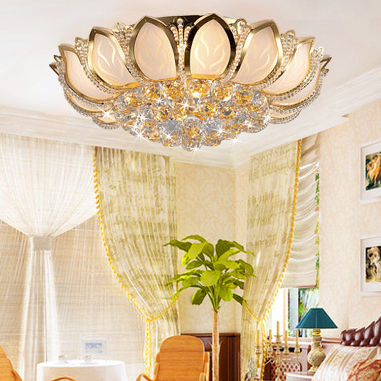 Lustre Moderne de Luxe Doré Glamour avec Base en Verre Dépoli Lotus et Perles de Cristal 4/6 Lumières Plafonnier pour Salon 