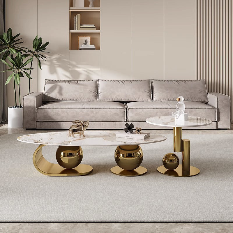 Table basse contemporaine nordique elliptique ronde en pierre de roche en acier inoxydable pour salon 