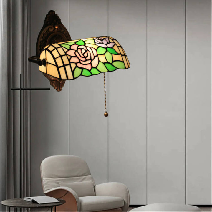 Traditional Vintage Tiffany Floral Stained Glass 1-Light Zipper Wall Sconce Lamp For Living Room