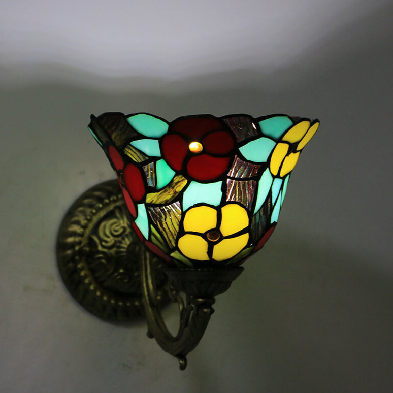 Applique murale 1 lumière en verre teinté en alliage de zinc Tiffany Flower Cup 