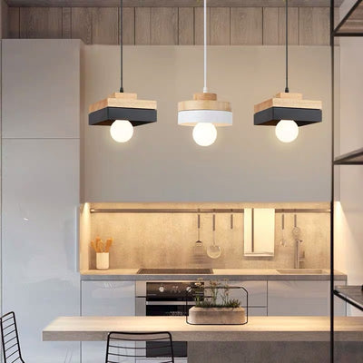 Moderne minimalistische Macaron Square Eisen Holz 1-Licht Pendelleuchte für Wohnzimmer 