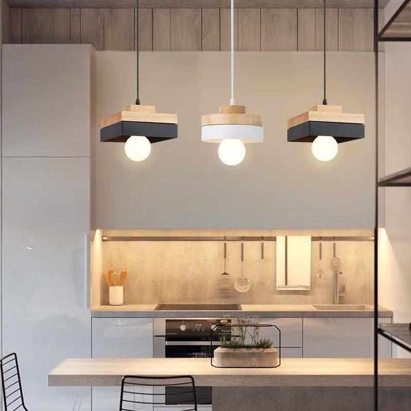 Moderne minimalistische Macaron Square Eisen Holz 1-Licht Pendelleuchte für Wohnzimmer 