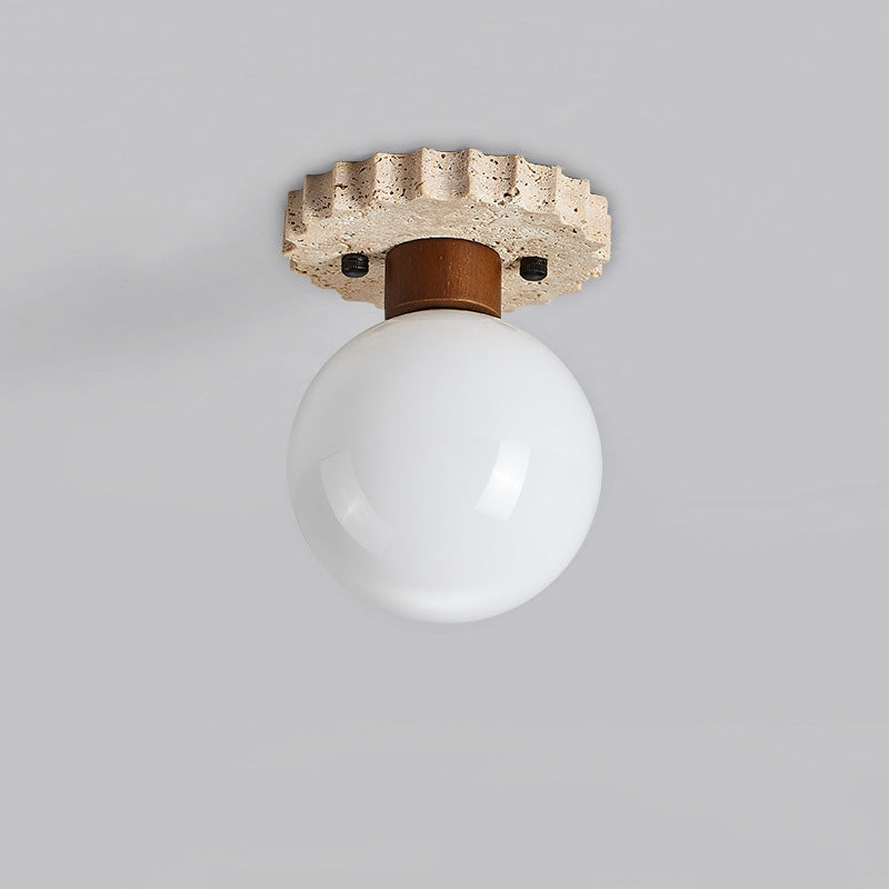 Traditional Japanese Ball Round Base Travertine Wood Glass 1-Light Semi-Flush Mount Ceiling Light For Hallway