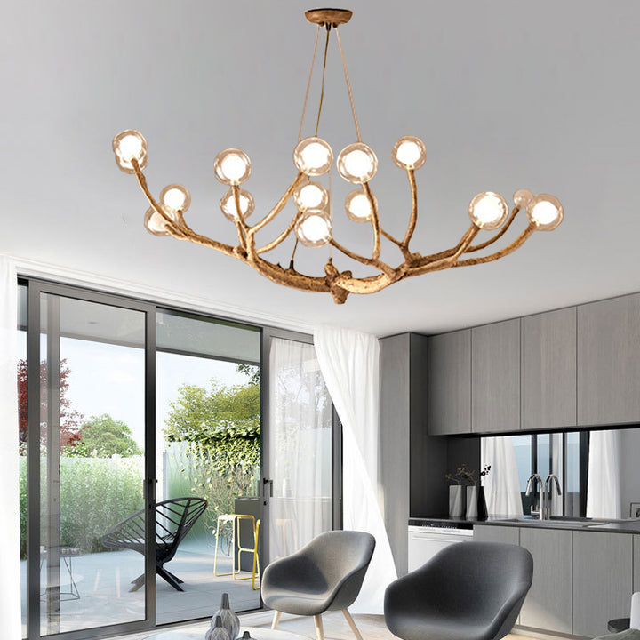 Araña de ramas de madera con globo de vidrio moderno de 8/12/16/20 luces para sala de estar 