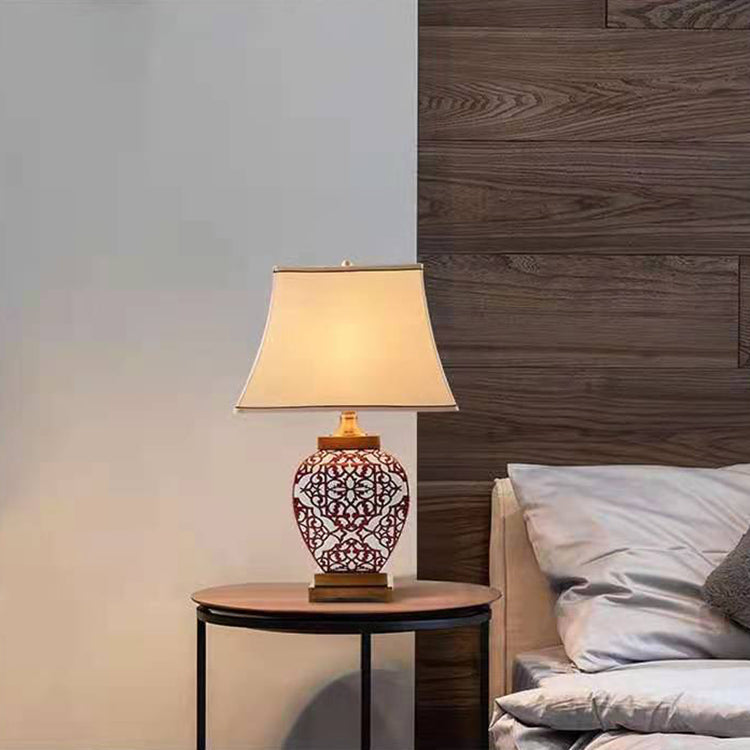 Traditional Chinese Cone Fabric Red Ceramic Jar Base 1-Light Table Lamp For Bedroom