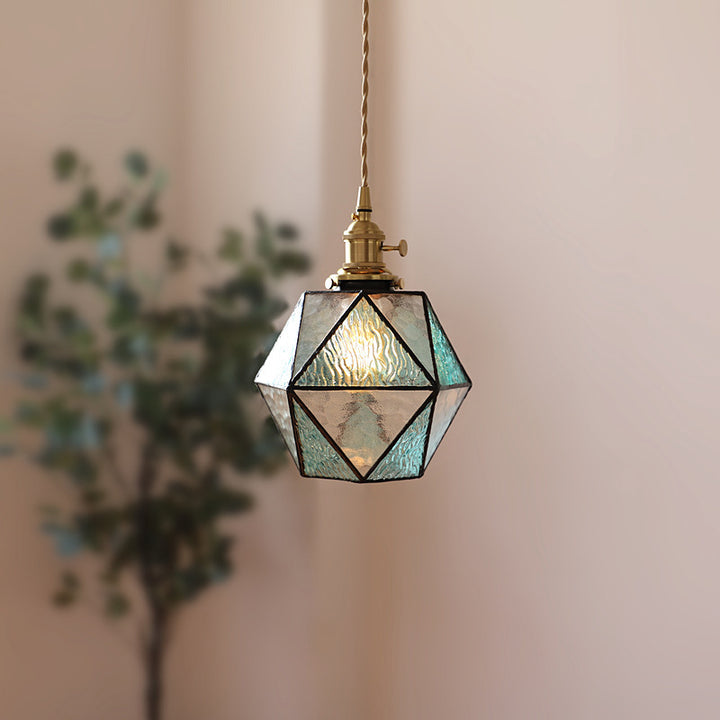 Traditional Tiffany Iron Brass Glass Polygonal Diamond 1-Light Pendant Light For Dining Room