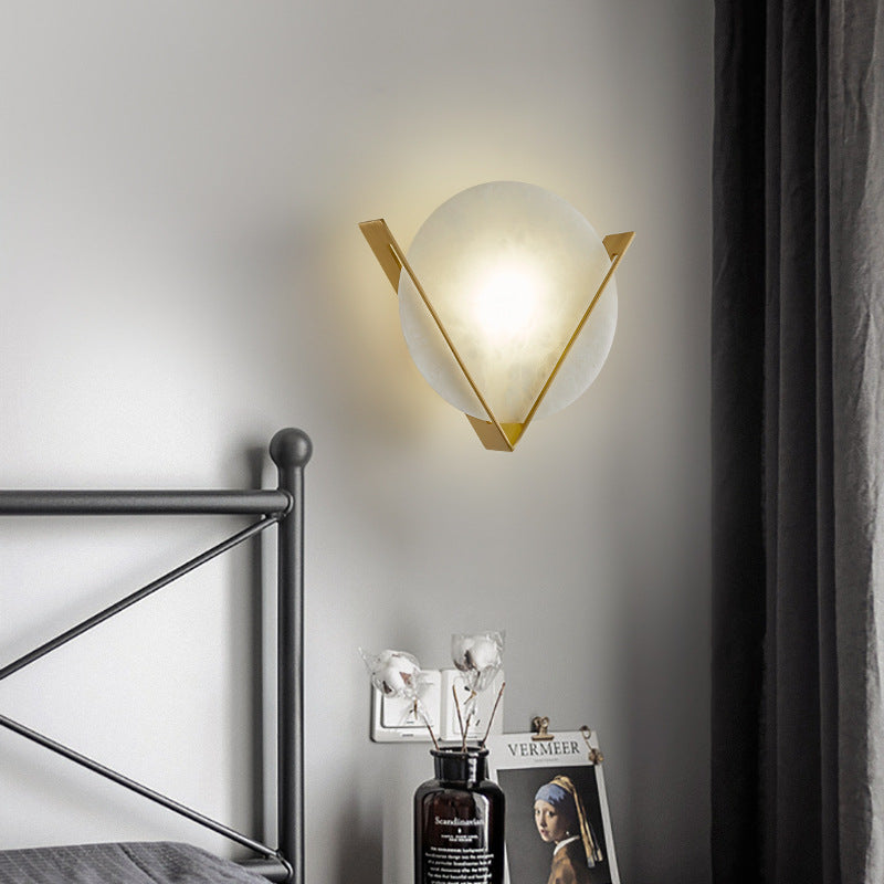 Zeitgenössische Luxus Kupfer Marmor Runde V Brief LED Wand Leuchte Lampe Für Flur 