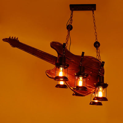 Traditional Farmhouse Wood Carving Guitar Shape Iron 6-Light Chandelier For Dining Room