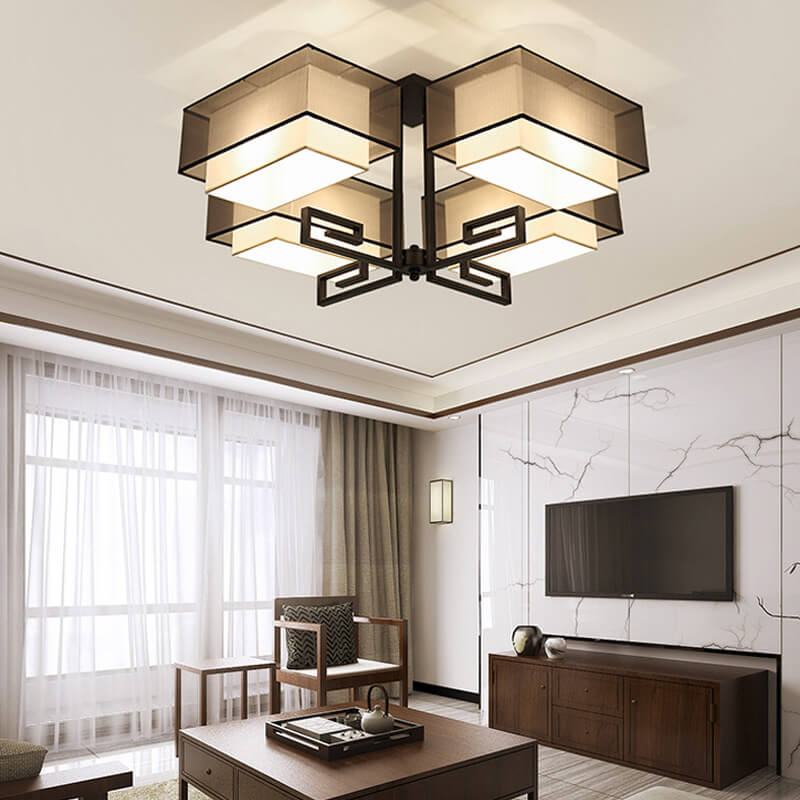 Modern Chinese Fabric Square Geometric Hardware 4-Light Semi-Flush Mount Ceiling Light