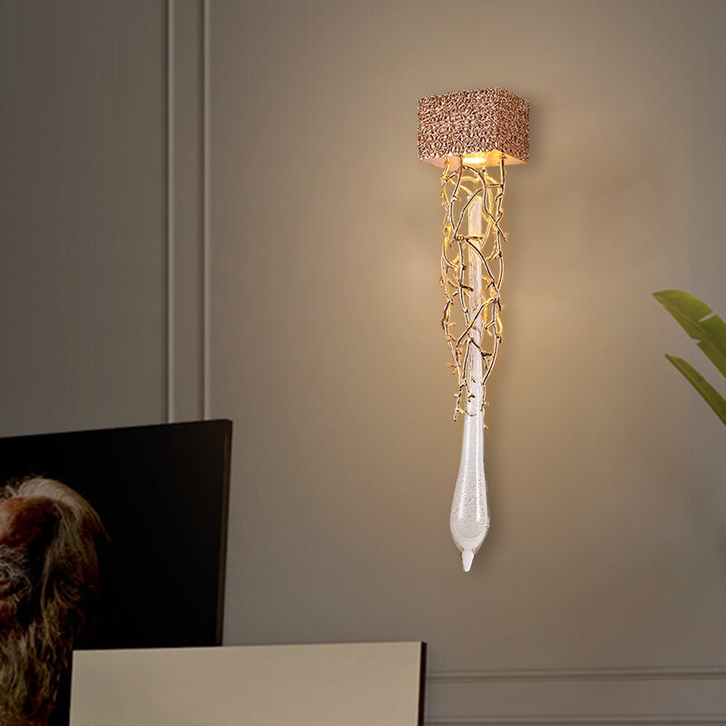 European Light Luxury Brass Tree Branch Crystal Water Drop Design 1-Light Wall Sconce Lamp