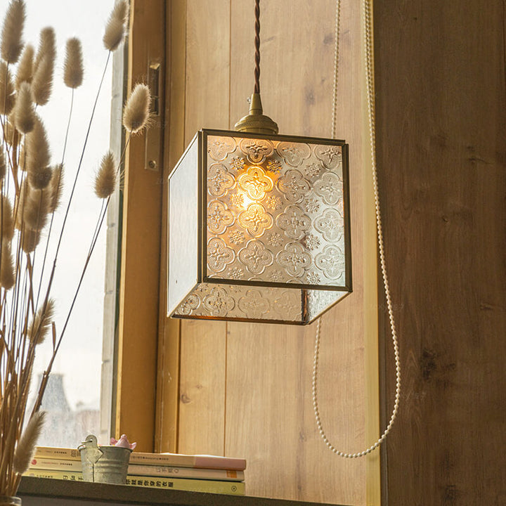 Traditional Vintage Clear Patterned Glass Cone Square Copper 1-Light Pendant Light for Living Room