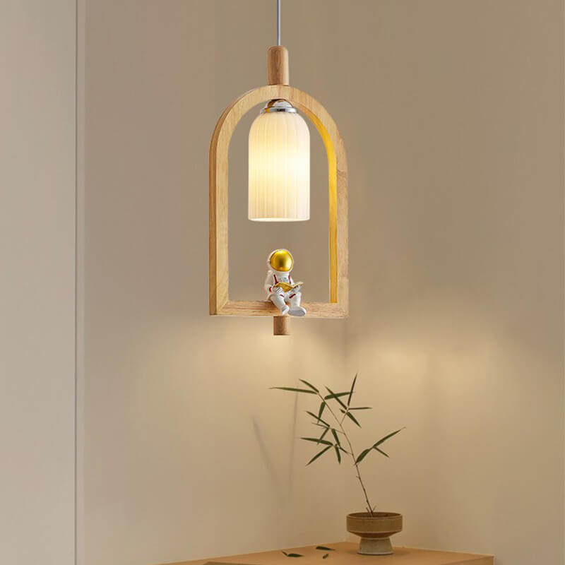 Japanese Creative Wood Frame Resin Astronaut 1-Light Pendant Light