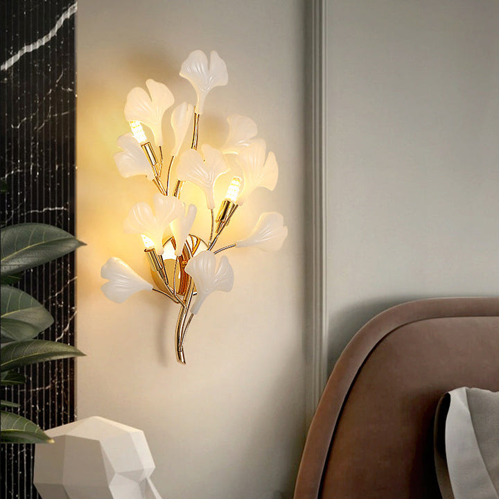 Applique murale contemporaine créative en feuille de ginkgo en fer plastique porcelaine 2/3 lumières pour salon 