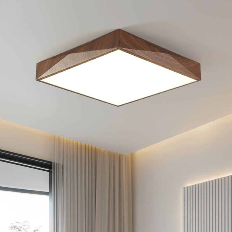 Modern Minimalist Wood Grain Iron Acrylic Square Geometry LED Flush Mount Ceiling Light for Living Room